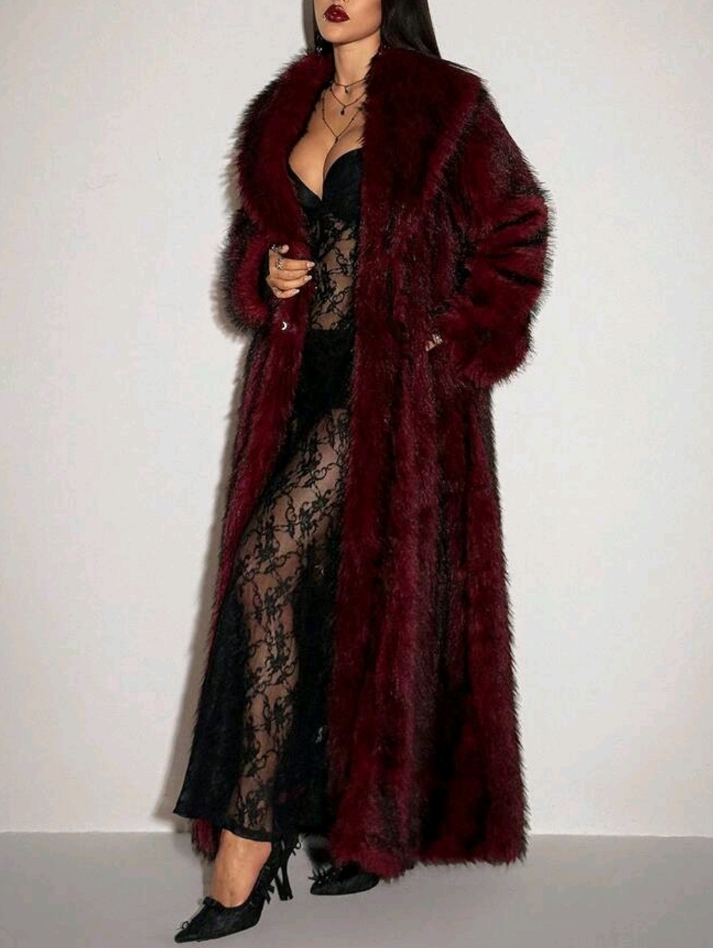 Y2k Women'sBurgundy Gothic Party Fashionable Long Faux Fur - Picture 5 of 7